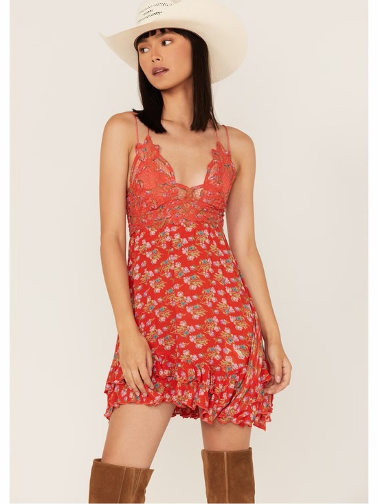 Free People Dresses & Skirts - Free People Red Floral Lace-Trim Mini Dress